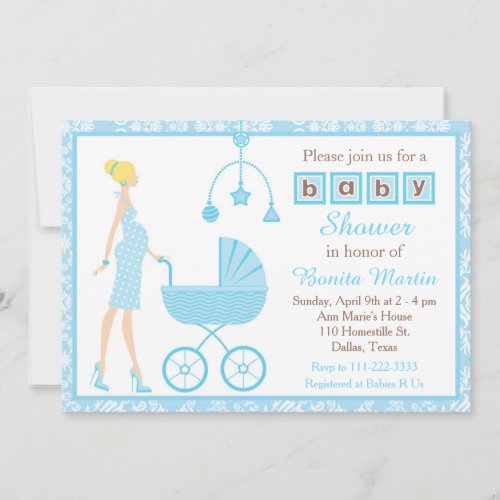 Blue Damask Blonde Expecting Boy Baby Shower Invitation