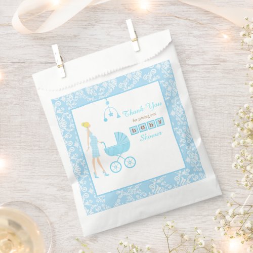 Blue Damask Blonde Woman Baby Shower Favor Bag