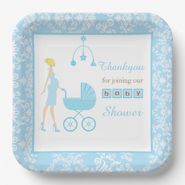Blue Damask Blonde Woman Baby Shower Paper Plates (Front)