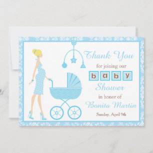 Blue Damask Blonde Woman Baby Shower Thank You Card