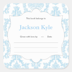 Blue Damask Book baby shower Bookplate label