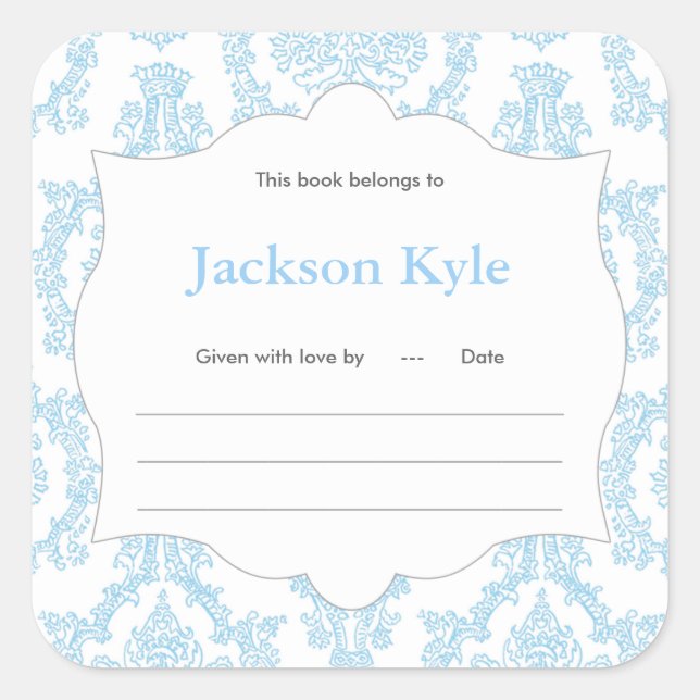 Blue Damask Book baby shower Bookplate label (Front)