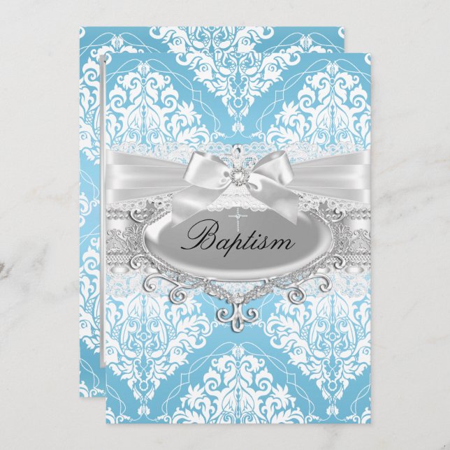 Blue Damask Bow Baptism Invitation (Front/Back)