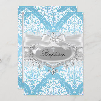 Blue Damask Bow Baptism Invitation