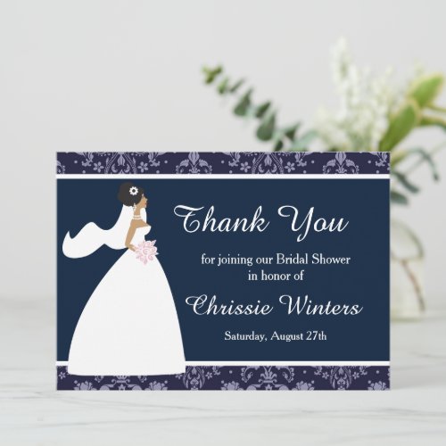 Blue Damask Bridal Shower Thank You Card