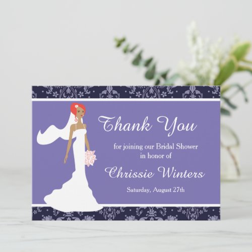 Blue Damask Bridal Shower Thank You Card