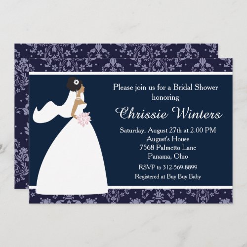 Blue Damask Bride Bridal Shower Invitation