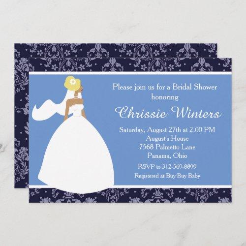 Blue Damask Bride Bridal Shower Invitation