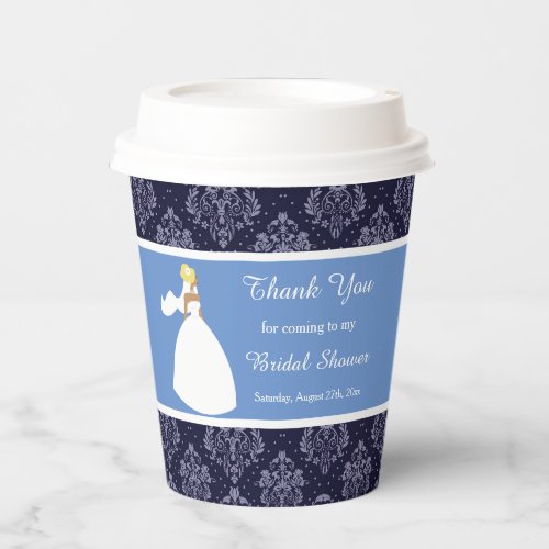 Blue Damask Bride Bridal Shower Paper Cups
