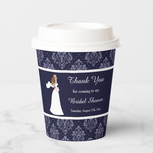 Blue Damask Bride Bridal Shower Paper Cups