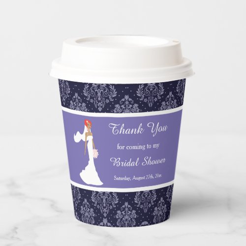 Blue Damask Bride Bridal Shower Paper Cups