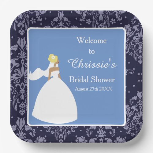 Blue Damask Bride Bridal Shower Paper Plates