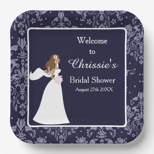 Blue Damask Bride Bridal Shower Paper Plates