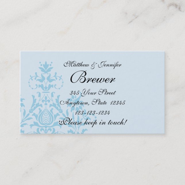 Blue Damask Bride & Groom Contact Information Card (Front)