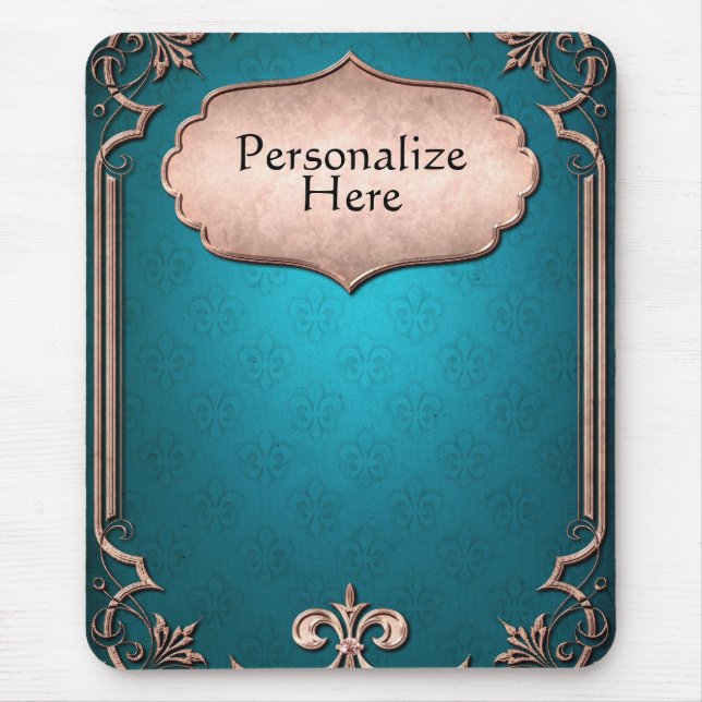 Blue damask bronze victorian trim elegant  mouse pad (Front)