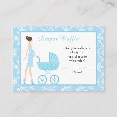Blue Damask Brunette Baby Shower Diaper Raffle Enclosure Card