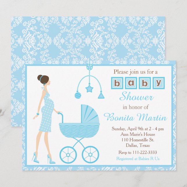 Blue Damask Brunette Expecting Boy Baby Shower Invitation (Front/Back)
