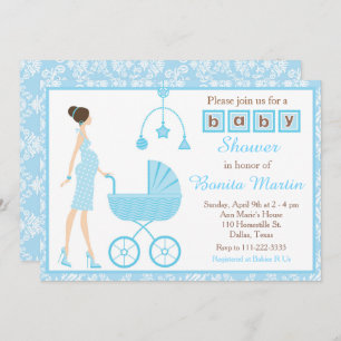 Blue Damask Brunette Expecting Boy Baby Shower Invitation