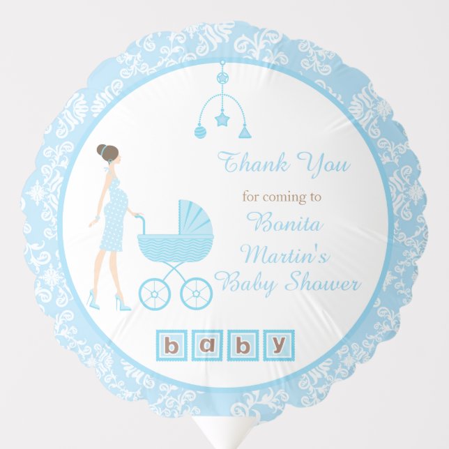Blue Damask Brunette Woman Baby Shower Balloon (Front)