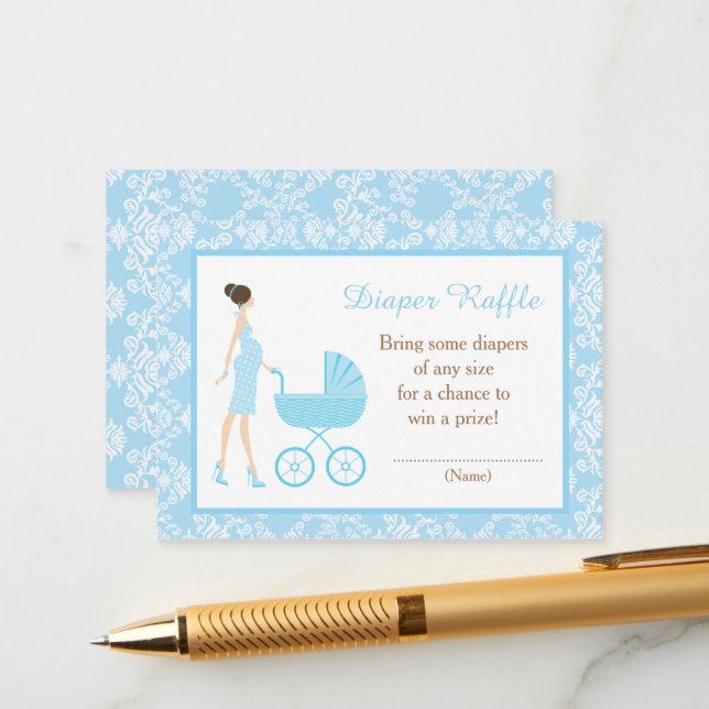 Blue Damask Brunette Woman Baby Shower Enclosure Card (Front/Back In Situ)