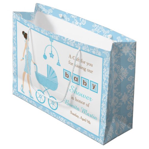 Blue Damask Brunette Woman Baby Shower Large Gift Bag
