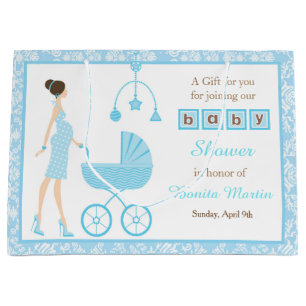 Blue Damask Brunette Woman Baby Shower Large Gift Bag