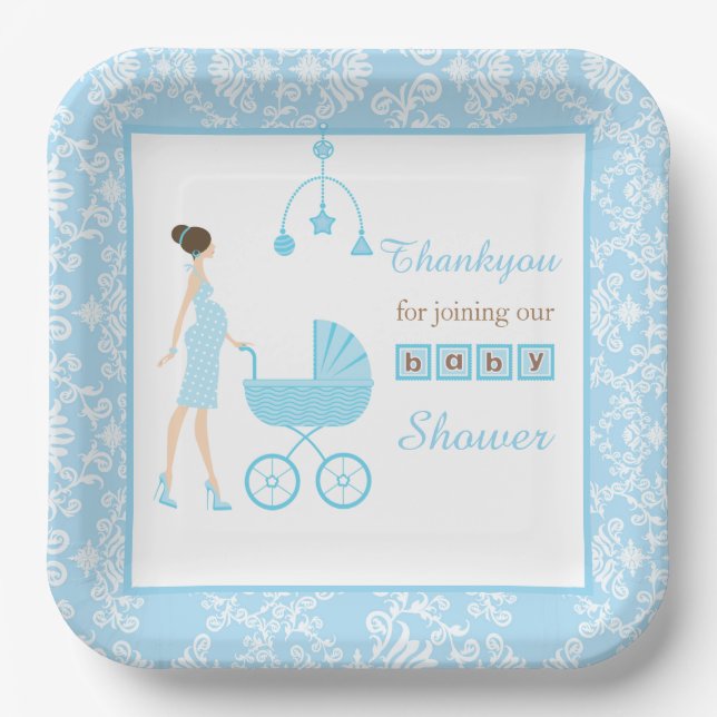 Blue Damask Brunette Woman Baby Shower Paper Plates (Front)