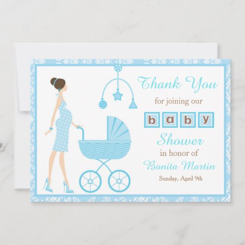 Blue Damask Brunette Woman Baby Shower Thank You Card