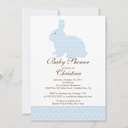 Blue Damask Bunny Baby Shower Invitation Baby Boy