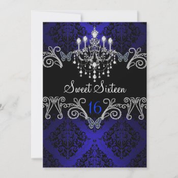 Blue Damask & Butterfly Sweet Sixteen Invite by ExclusiveZazzle at Zazzle