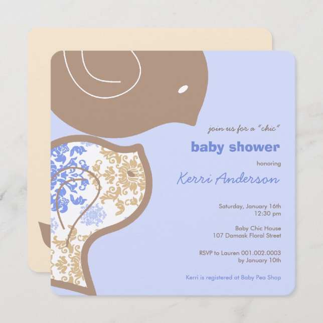 Blue Damask Chicks Baby Shower Party Invitation (Front/Back)