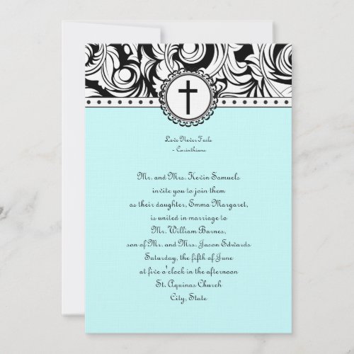 Blue Damask Christian Wedding Invitation