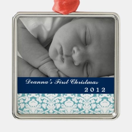 Blue Damask Classic Navy Band Baby's First Holiday Metal Ornament
