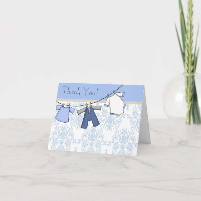 Blue Damask Clothesline Baby Boy Thank You Cards (Front)