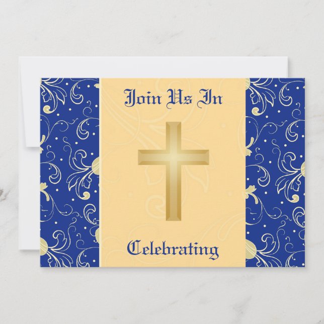 Blue, Damask, Cristian Cross, Wedding Invitation (Front)