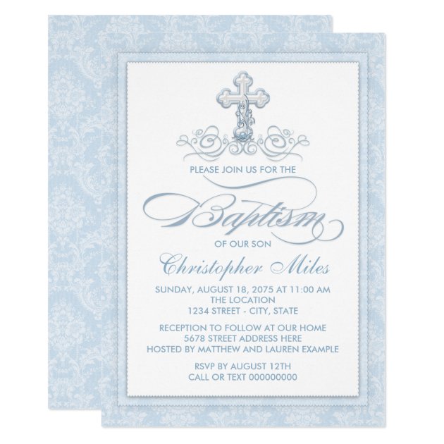 Blue Damask Cross Baptism Invitation