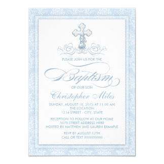 Blue Damask Cross Baptism Card