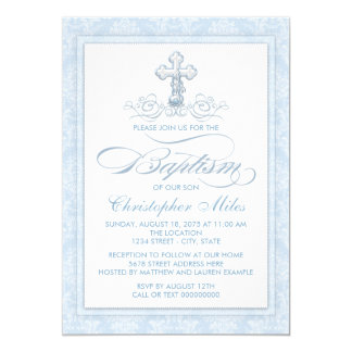 Blue Damask Cross Baptism Card