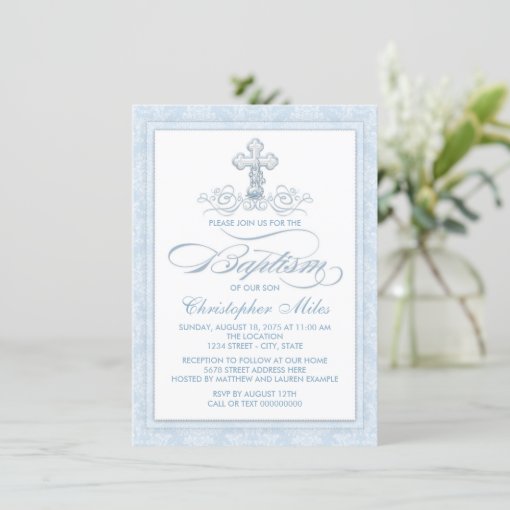 Blue Damask Cross Baptism Invitation | Zazzle