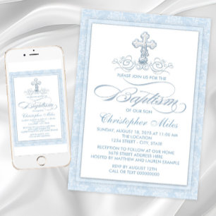 Blue Damask Cross Baptism Invitation
