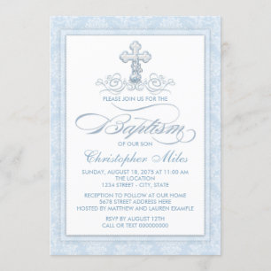 Blue Damask Cross Baptism Invitation