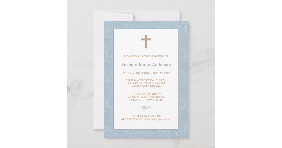 Blue Damask & Cross Baptism Invitations | Zazzle