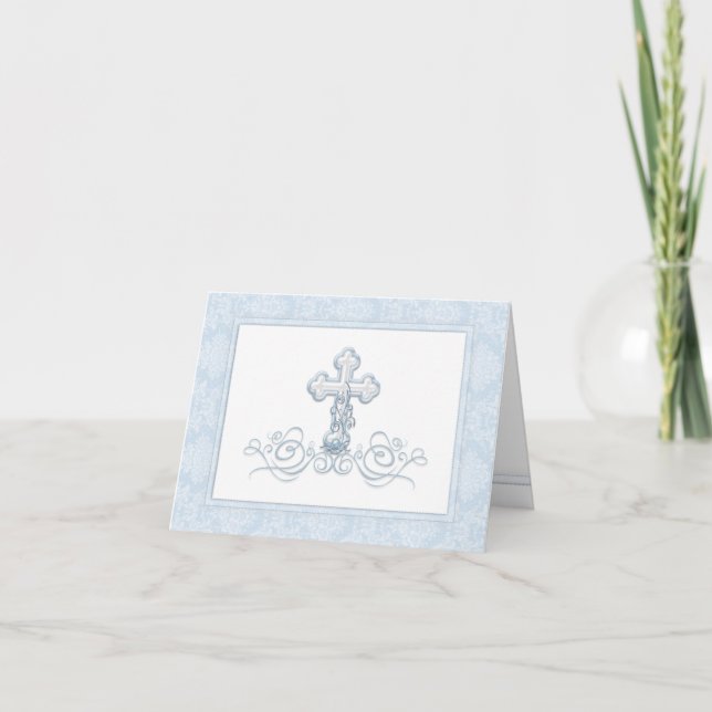 Blue Damask Cross Baptism Thank You Cards (Front)