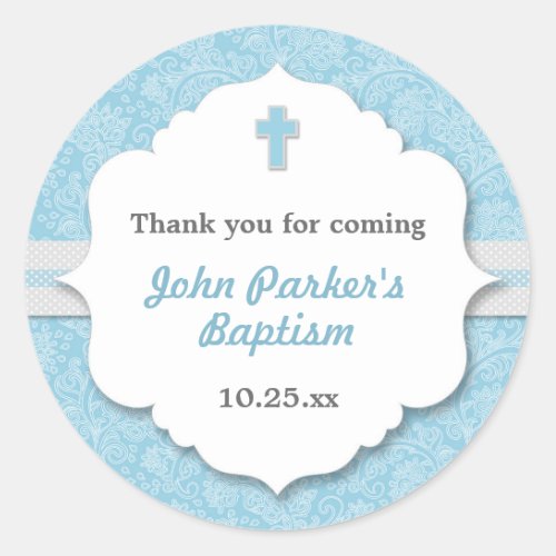 Blue Damask cross boy baptism christening favor Classic Round Sticker