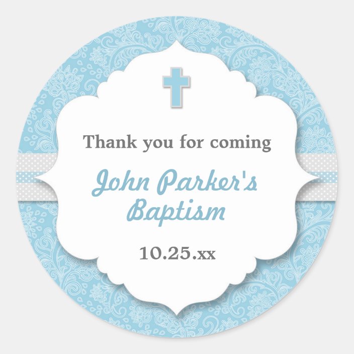 Blue Damask Cross Boy Baptism Christening Favor Classic Round Sticker Zazzle 9797