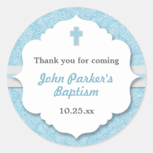Blue Damask cross boy baptism christening favor Classic Round Sticker