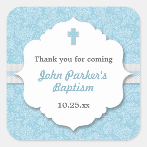 Blue Damask cross boy baptism christening favor Square Sticker