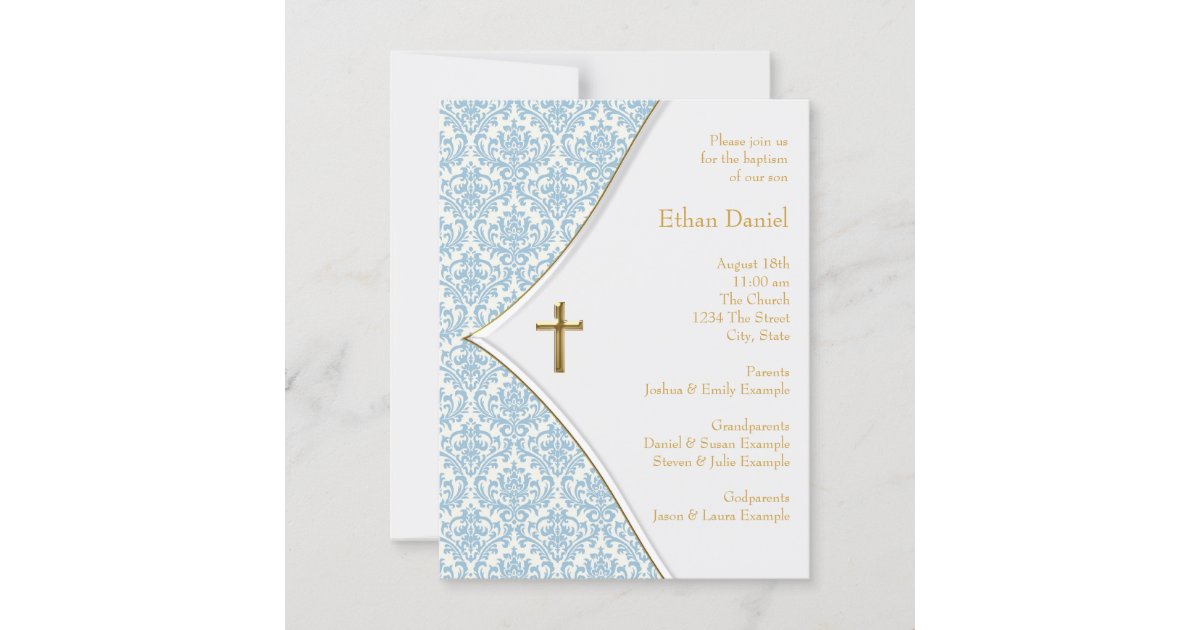 Blue Damask Cross Boy Baptism Christening Invitation Zazzle 3260