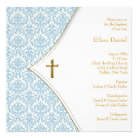 Blue Damask Cross Boy Baptism Christening Personalized Announcements