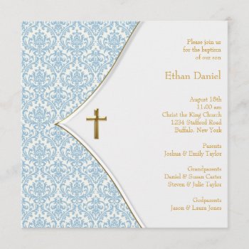 Blue Damask Cross Boy Christening Invitation by InvitationCentral at Zazzle